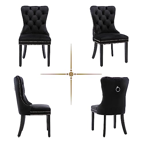 civama Dining Chairs Set of 2, Velvet Nikki Collection Dining Room Chair Upholstered Modern Luxury Tufted with Nailhead Trim Back Pull Ring Solid Wooden Legs, Black