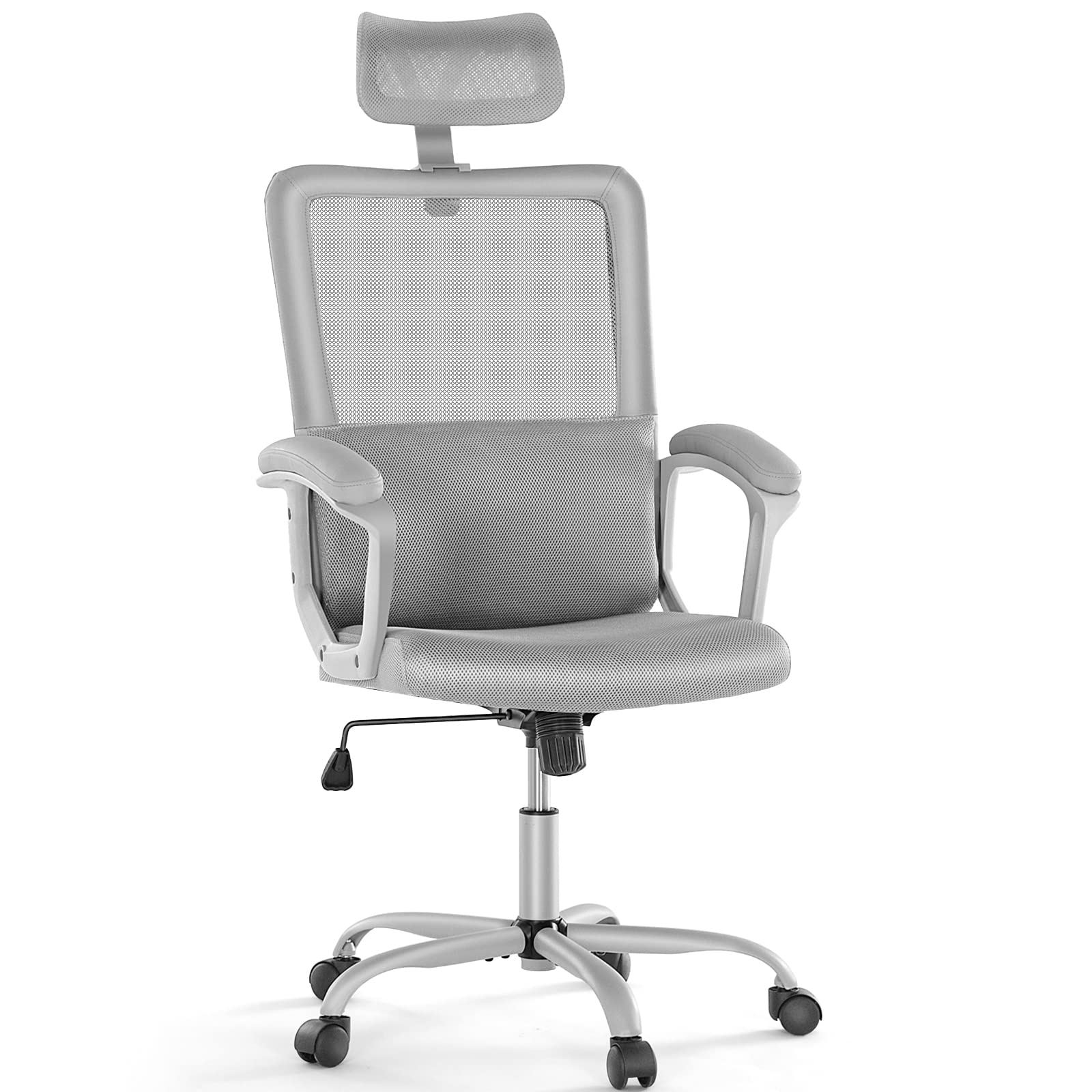 OLIXIS Ergonomic Home Office Computer Desk Mesh High Back Adjustable Height Executive Task Chair with Lumbar Support, Headrest, Padded Armrest, 360° Swivel Rocking Function, Grey