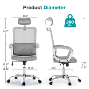 OLIXIS Ergonomic Home Office Computer Desk Mesh High Back Adjustable Height Executive Task Chair with Lumbar Support, Headrest, Padded Armrest, 360° Swivel Rocking Function, Grey