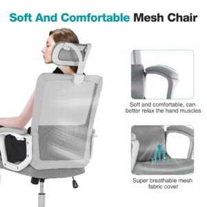 OLIXIS Ergonomic Home Office Computer Desk Mesh High Back Adjustable Height Executive Task Chair with Lumbar Support, Headrest, Padded Armrest, 360° Swivel Rocking Function, Grey