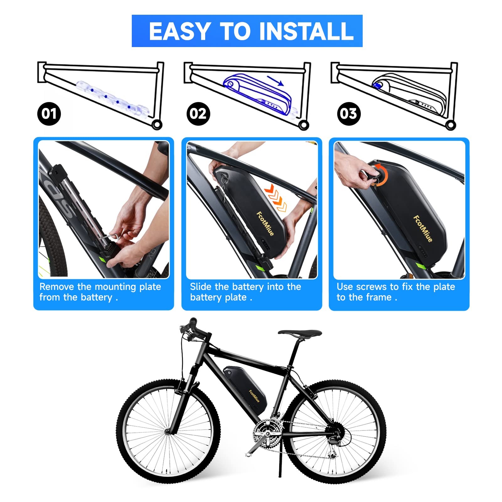 FcotMiue Ebike Battery Pack 48V 24.5Ah Polly Electric Bike Downtube Lithium ion Batteries 5 Pin w/40A BMS丨3A Charger丨XT60 Port for 350W 500W 750W 1000W 1500W Motor (US Warehouse 2-5 Day Delivery)