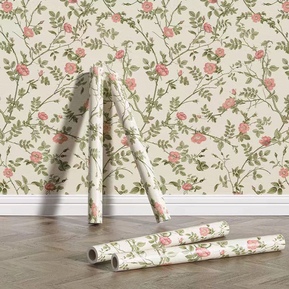 French Country Floral Contact Paper Peel and Stick Vintage Pink Floral Wallpaper for Girls Bedroom Kitchen Bathroom Walls Cabinets Shelves Dresser Drawer Liner Furniture Decal 17.7X117 Inches