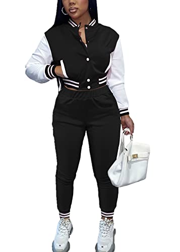 KELOVEPAN Sweatsuits for Women Set 2 Piece Patchwork Tracksuits Long Sleeve Button Down Crop Bomber Varsity Jacket Pants Set Sexy Black XXL