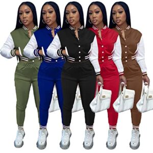 KELOVEPAN Sweatsuits for Women Set 2 Piece Patchwork Tracksuits Long Sleeve Button Down Crop Bomber Varsity Jacket Pants Set Sexy Black XXL