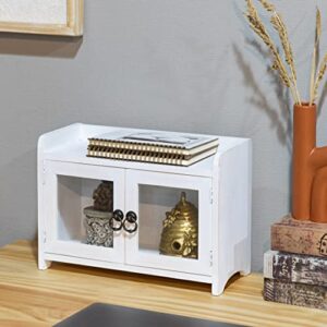 COLLECTIVE HOME - Storage Cabinet, Mini Countertop Cabinet, Distressed Wood Organizer for Kitchen Living Room Bedroom Bathroom Office with Magnetic Door, 14.5 x 6.5 x 10 (White)