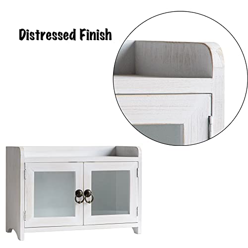 COLLECTIVE HOME - Storage Cabinet, Mini Countertop Cabinet, Distressed Wood Organizer for Kitchen Living Room Bedroom Bathroom Office with Magnetic Door, 14.5 x 6.5 x 10 (White)