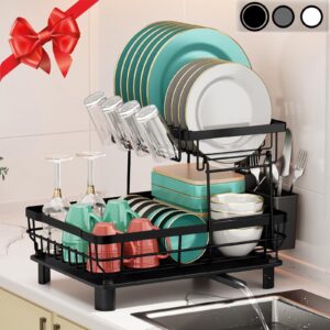 moukabal 2-tier kitchen dish drying rack with removable utensil holder, large capacity drying rack with drainboard for kitchen sink counter (black, metal)