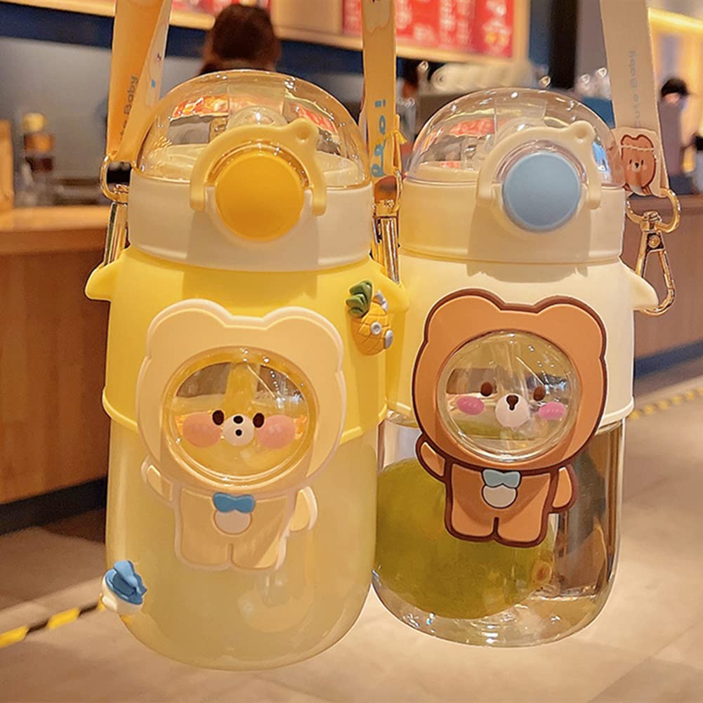 LIXERY Kawaii Bear Water Bottle with Straw and Strap Cute Water Bottle Bear Drinking Bottle Leakproof Plastic Water Jug for Girl School Sport 25oz, Yellow, 3.15x3.15x7.3 Inch (1300C48EFM6)