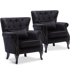 lzareal accent reading arm chairs set of 2 for living room bedroom, midcentury modern comfy corner sofa chair, wingback waiting room club chair with button tufted back &lumbar pillow, velvet black