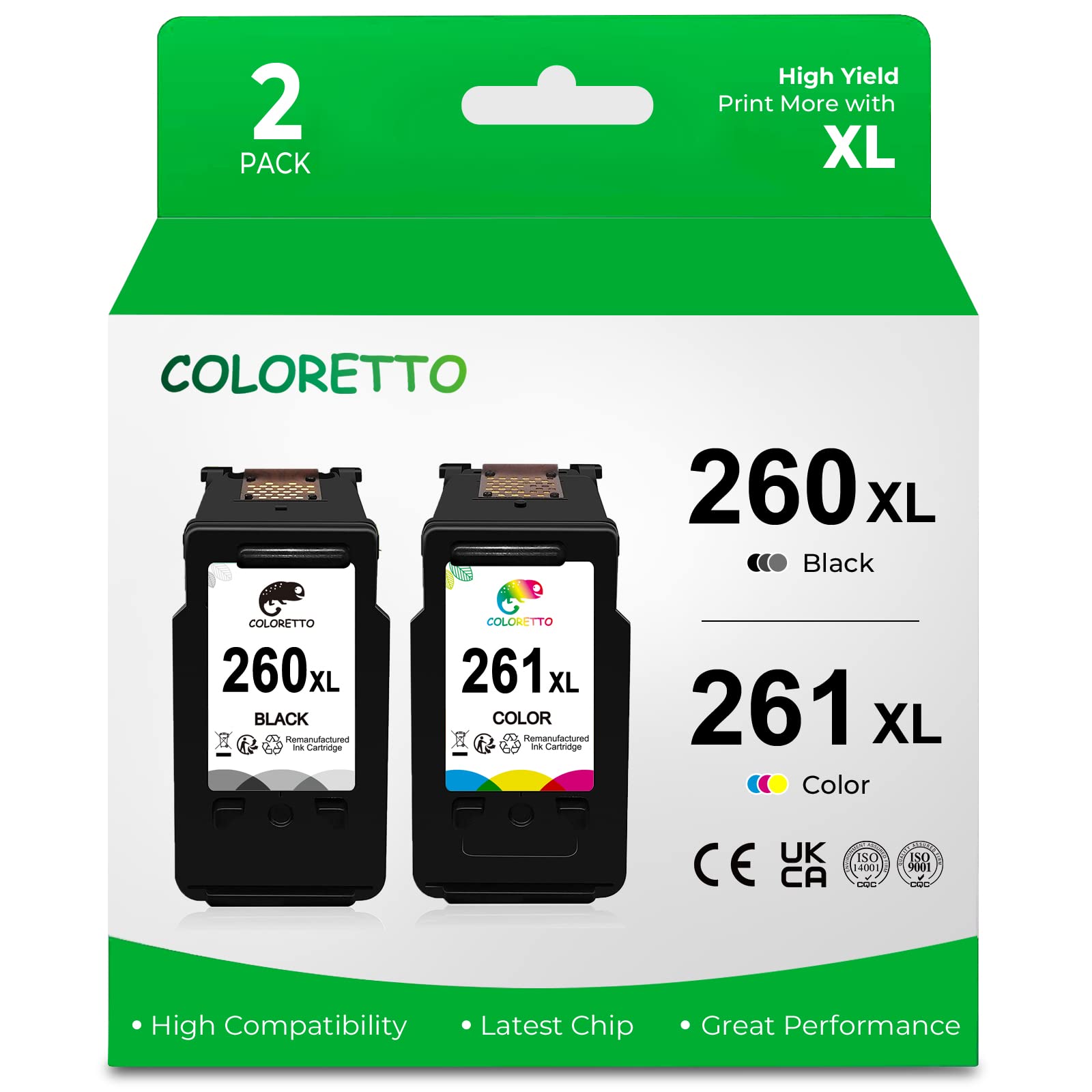 COLORETTO Remanufactured for Canon PG-260XL CL-261XL 260 261 XL (1 Black, 1 Color) Printer Ink Cartridges for PIXMA TS5320 TS6420 TR7020 All in One Wireless Printer High Yield Multipack