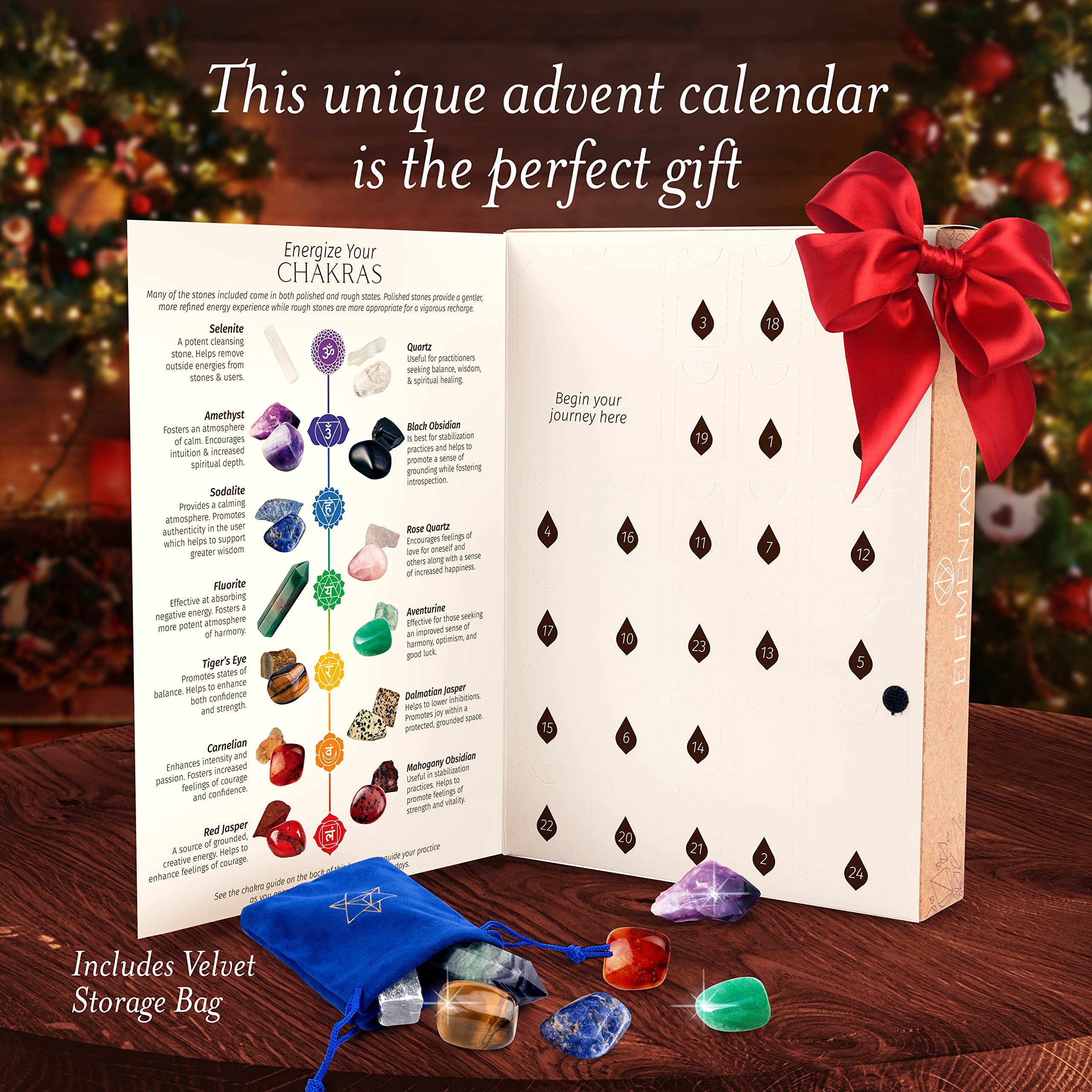 Elementao Advent Calendar 2023 - Crystals and Healing Stones - Christmas Countdown with 24 Chakra Stones and Healing Crystals, Advent Calendars for Adults and Teens, Gifts for Women, Crystal Decor