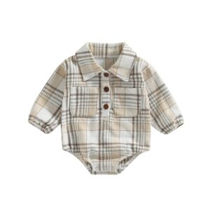 ciycuit baby boy girl flannel plaid shirt long sleeve button romper bodysuit fall clothes beige 3-6 months