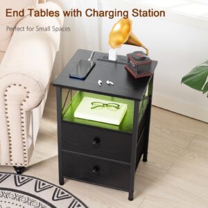 AMHANCIBLE Nightstand with Fast Charging Station, End Tables Living Room with USB Charger 3-Port & 2-Power Outlet, Bedside Table with Fabric Drawers for Bedroom HET052LBK1