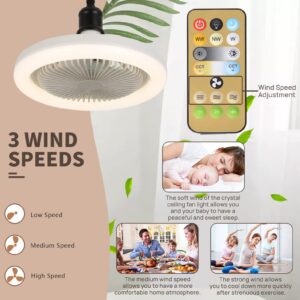 BaoBrot 10" Socket Fan Light,Small Mini Ceiling Fan With Lights Remote,3 speeds 3 Color Dimming Plug in Ceiling Fan, Family Summer Gift for Garage Tool Room and Store Room