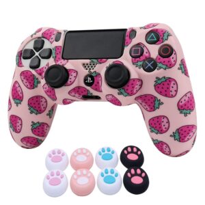 rotomoon pinkstrawberry silicone controller skins for ps4 with 8 thumb grips, sweat-proof anti-slip controller cover skin protector compatible with playstation 4 slim/pro controller…