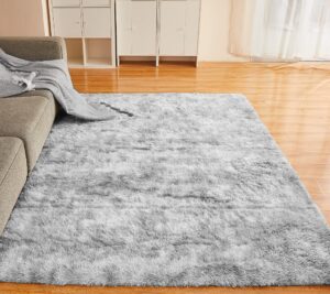 yobath fluffy 8x10 area rugs for living room bedroom, large modern soft shag rugs for kids girls boys, non-slip plush shaggy rugs for playroom nursery dorm room, tie-dyed light grey