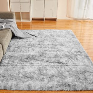 YOBATH Fluffy 8x10 Area Rugs for Living Room Bedroom, Large Modern Soft Shag Rugs for Kids Girls Boys, Non-Slip Plush Shaggy Rugs for Playroom Nursery Dorm Room, Tie-Dyed Light Grey