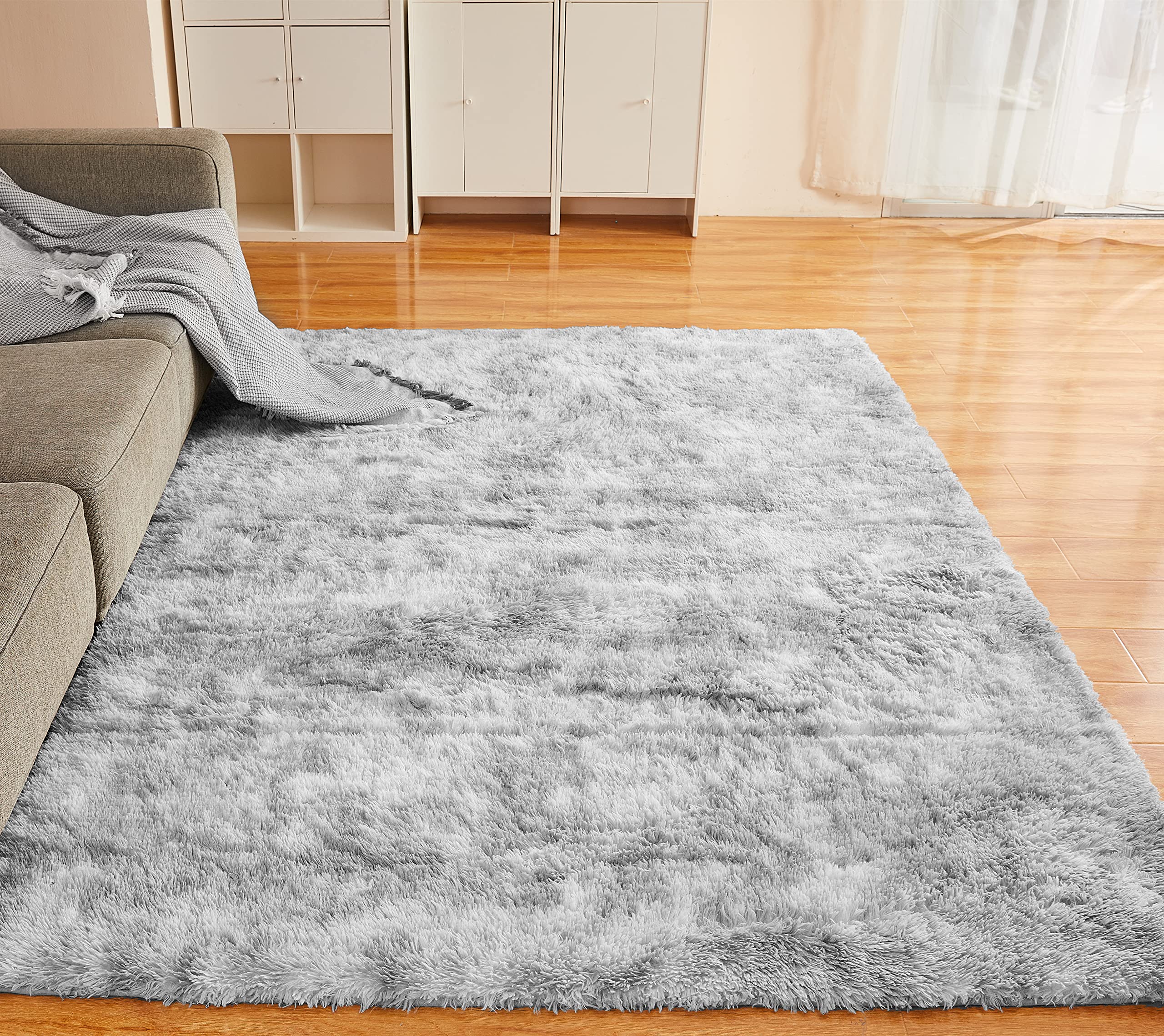 YOBATH Fluffy 8x10 Area Rugs for Living Room Bedroom, Large Modern Soft Shag Rugs for Kids Girls Boys, Non-Slip Plush Shaggy Rugs for Playroom Nursery Dorm Room, Tie-Dyed Light Grey