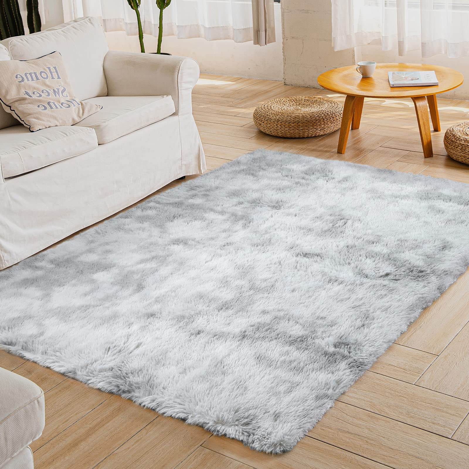 YOBATH Fluffy 8x10 Area Rugs for Living Room Bedroom, Large Modern Soft Shag Rugs for Kids Girls Boys, Non-Slip Plush Shaggy Rugs for Playroom Nursery Dorm Room, Tie-Dyed Light Grey