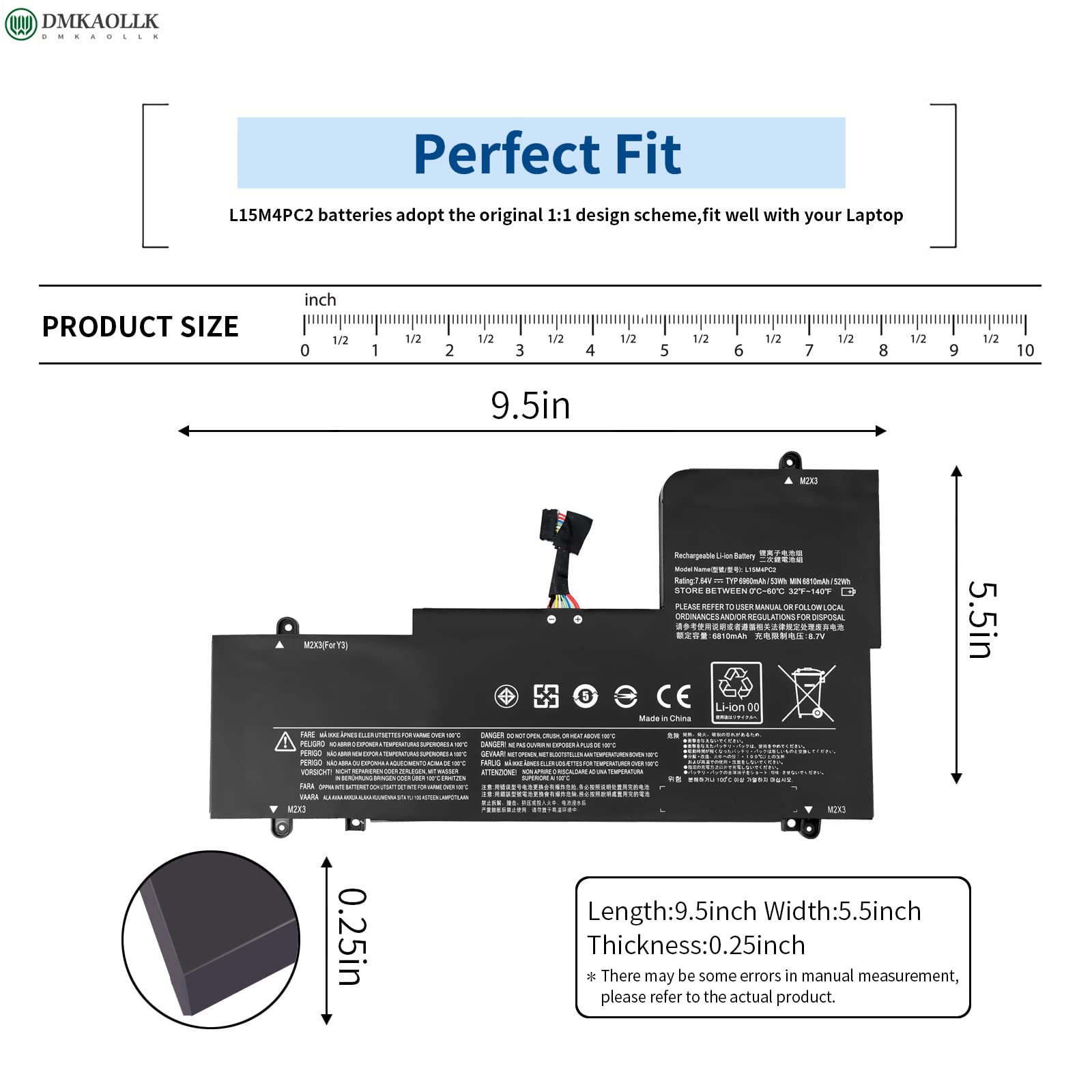 DMKAOLLK L15L4PC2 L15M4PC2 Laptop Battery for Lenovo Ideapad Yoga 710 15 710-15IKB 710-15ISK 710 14 710-14IKB 710-14ISK 710-14ISK-IFI Series Notebook 5B10K90778 5B10K90802 7.6V 53Wh/6974mAh