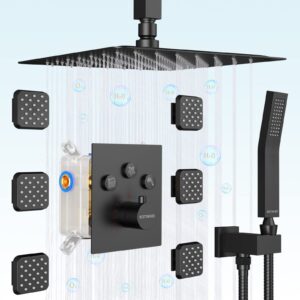 Shower System with Body Jets, 12 Inch Ceiling Rainfall Faucet Set, with Multiple Shower Head System,Contain Thermostatic Shower Valve