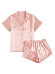 lyaner women's sleepwear satin silky short sleeve top with shorts pajama set dusty pink small