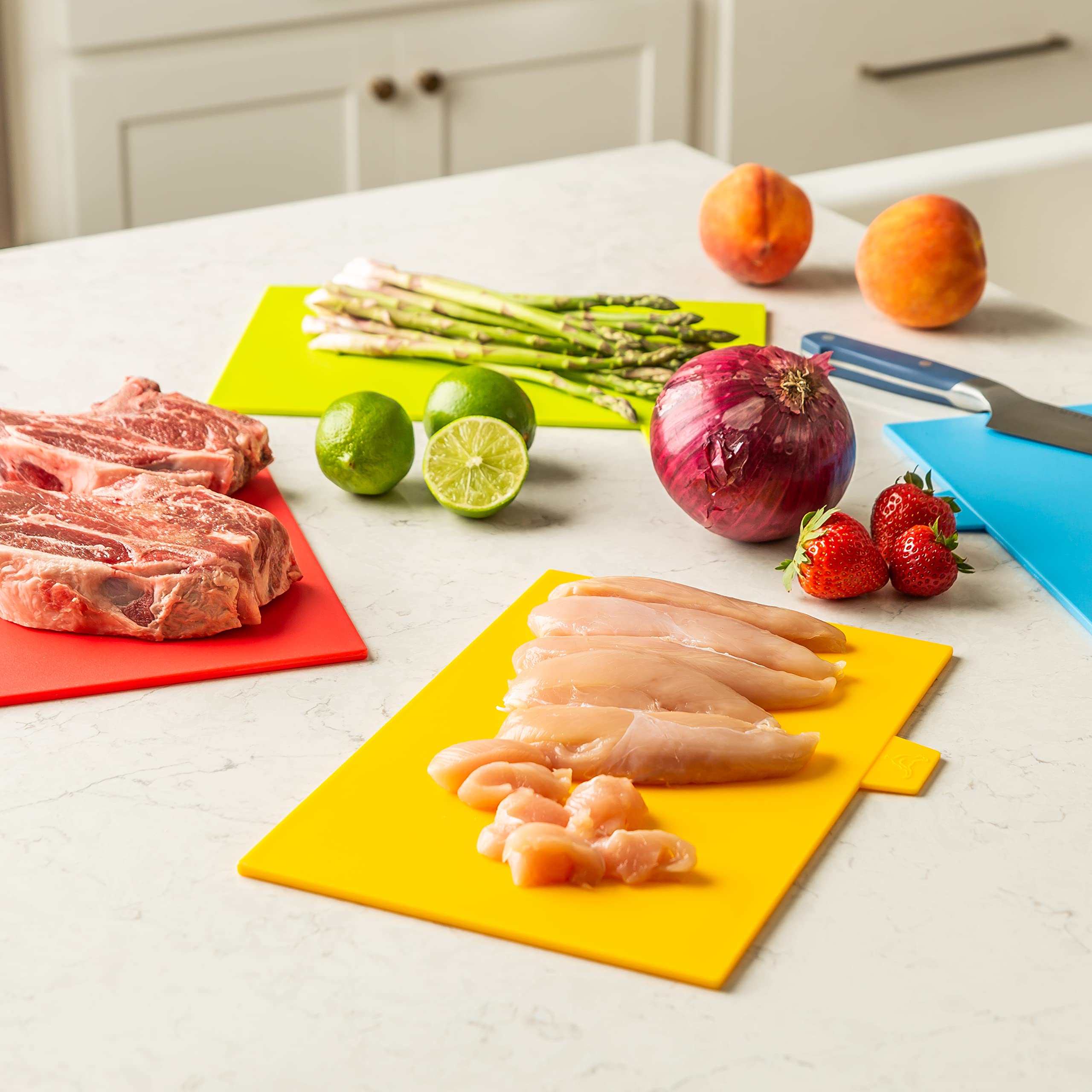 Plastic Cutting Boards for Kitchen - Colorful Flexible Cutting Mats for Cooking With Ventilated Storage Stand - Anti-Skid BPA-Free Chopping Mats for Fruits, Vegetables, Meats, Seafood & More - 4 Pack