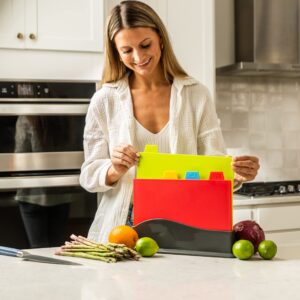 Plastic Cutting Boards for Kitchen - Colorful Flexible Cutting Mats for Cooking With Ventilated Storage Stand - Anti-Skid BPA-Free Chopping Mats for Fruits, Vegetables, Meats, Seafood & More - 4 Pack