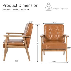 Okeysen Mid Century Modern Accent Chair, Retro Wood Leather Armchairs Side Chair, Lounge Reading Comfy Arm Chair for Living Room, Bedroom, Office (Brown)