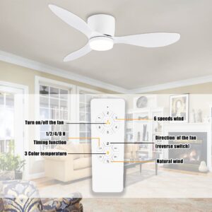 GESUM Ceiling Fan with Light, 42" Flush Mount Ceiling Fan Light with 3 Colors, 6 Speeds, Timing,Low Profile Ceiling Fan with Remote Control 3 Blades for Bedroom Dining Room (White)