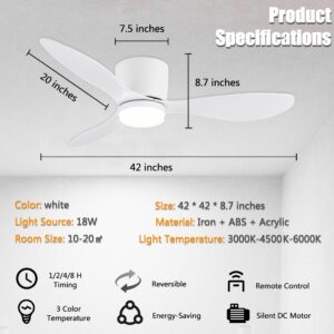 GESUM Ceiling Fan with Light, 42" Flush Mount Ceiling Fan Light with 3 Colors, 6 Speeds, Timing,Low Profile Ceiling Fan with Remote Control 3 Blades for Bedroom Dining Room (White)