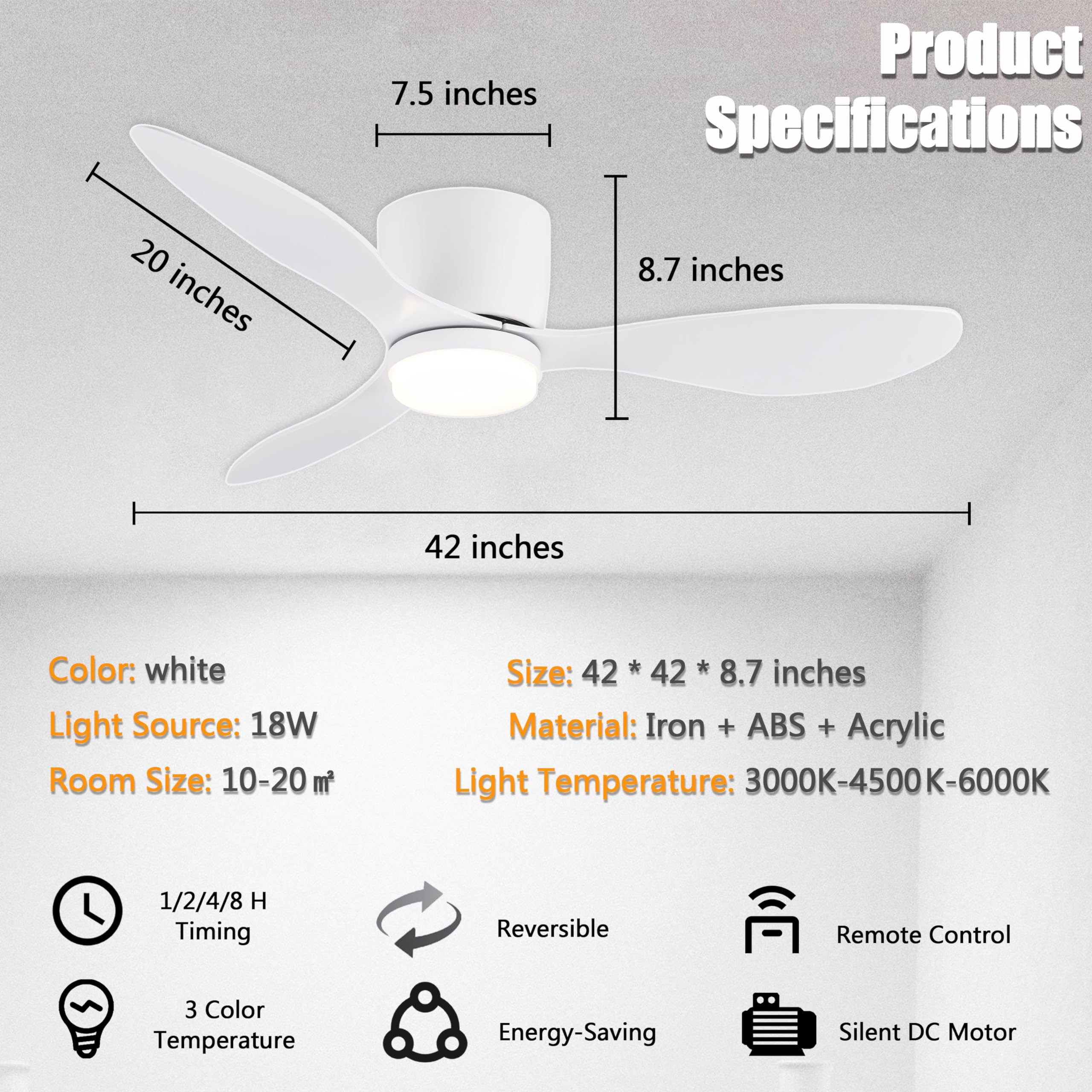 GESUM Ceiling Fan with Light, 42" Flush Mount Ceiling Fan Light with 3 Colors, 6 Speeds, Timing,Low Profile Ceiling Fan with Remote Control 3 Blades for Bedroom Dining Room (White)