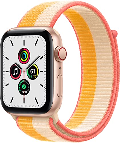 Apple Watch SE (GPS + Cellular 44mm) Gold Aluminum Case with Maize/White Sport Loop (Renewed)