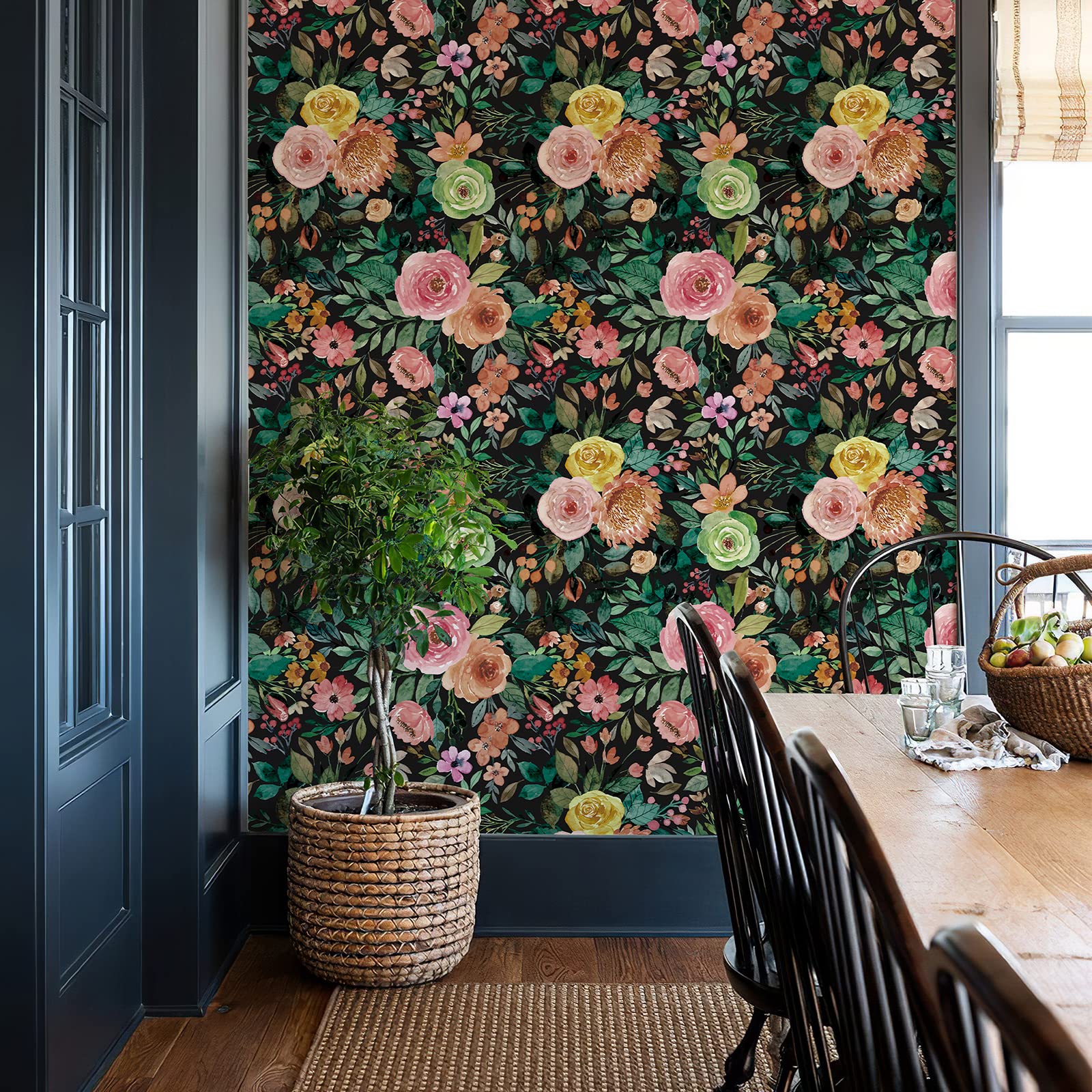 JiffDiff Peel and Stick Wallpaper Dark Floral Wallpaper Floral Wall Mural Peony Nursery Wallpaper for Bedroom(17.7" x 118.11",Black)