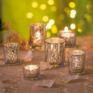 mercury glass votive candle holders 6pcs silver small unity glitter tealight holder set vintage wedding reception table centerpiece for tea lights advent christmas halloween fireplace restaurant decor