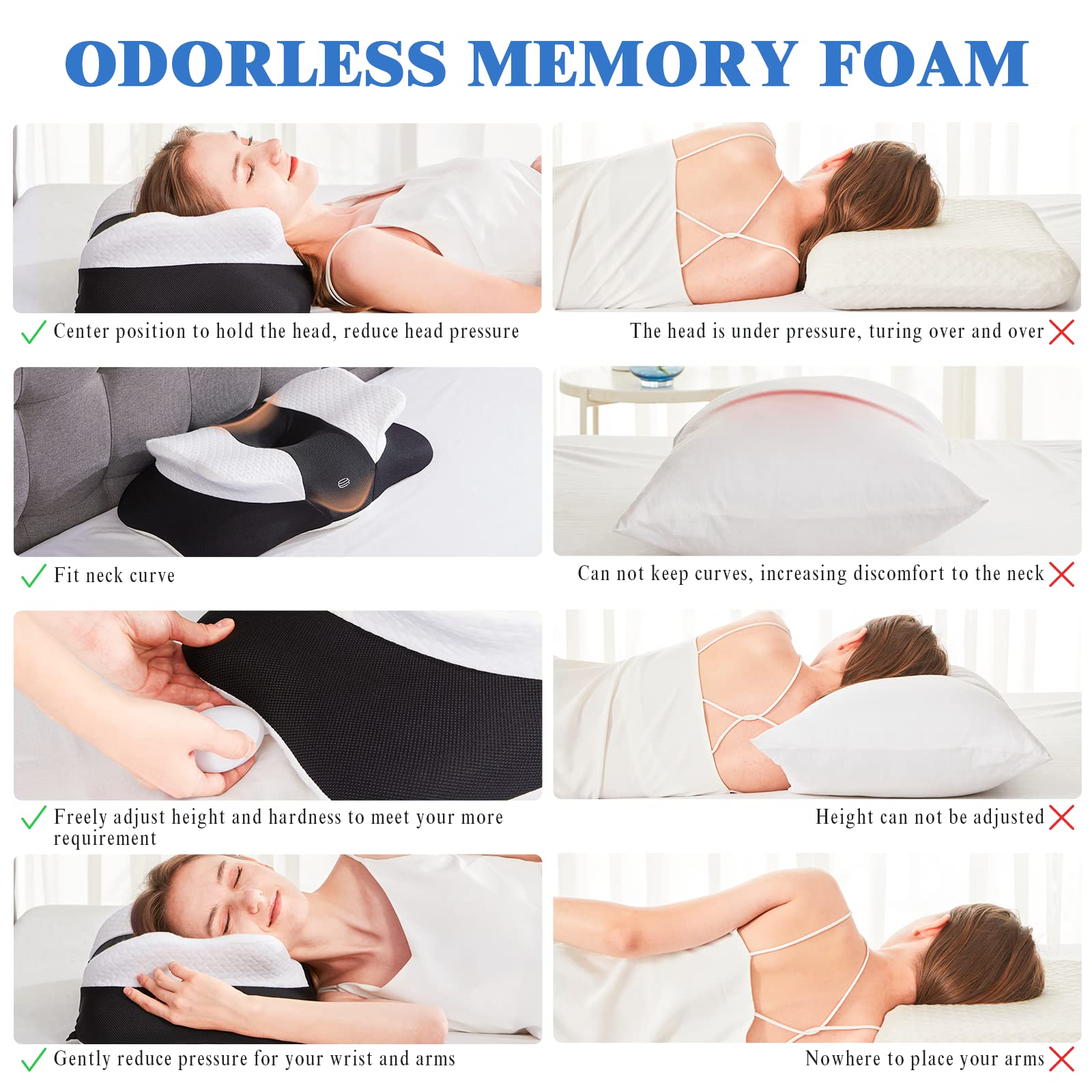 Cervical Memory Foam Pillows, Side Sleeper Pillow for Neck Shoulder Pain Relive Orthopedic Contour Ergonomic Inflatable Height Adjustable Pillow for Back Stomach Side Sleepers with Air Bag