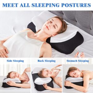 Cervical Memory Foam Pillows, Side Sleeper Pillow for Neck Shoulder Pain Relive Orthopedic Contour Ergonomic Inflatable Height Adjustable Pillow for Back Stomach Side Sleepers with Air Bag