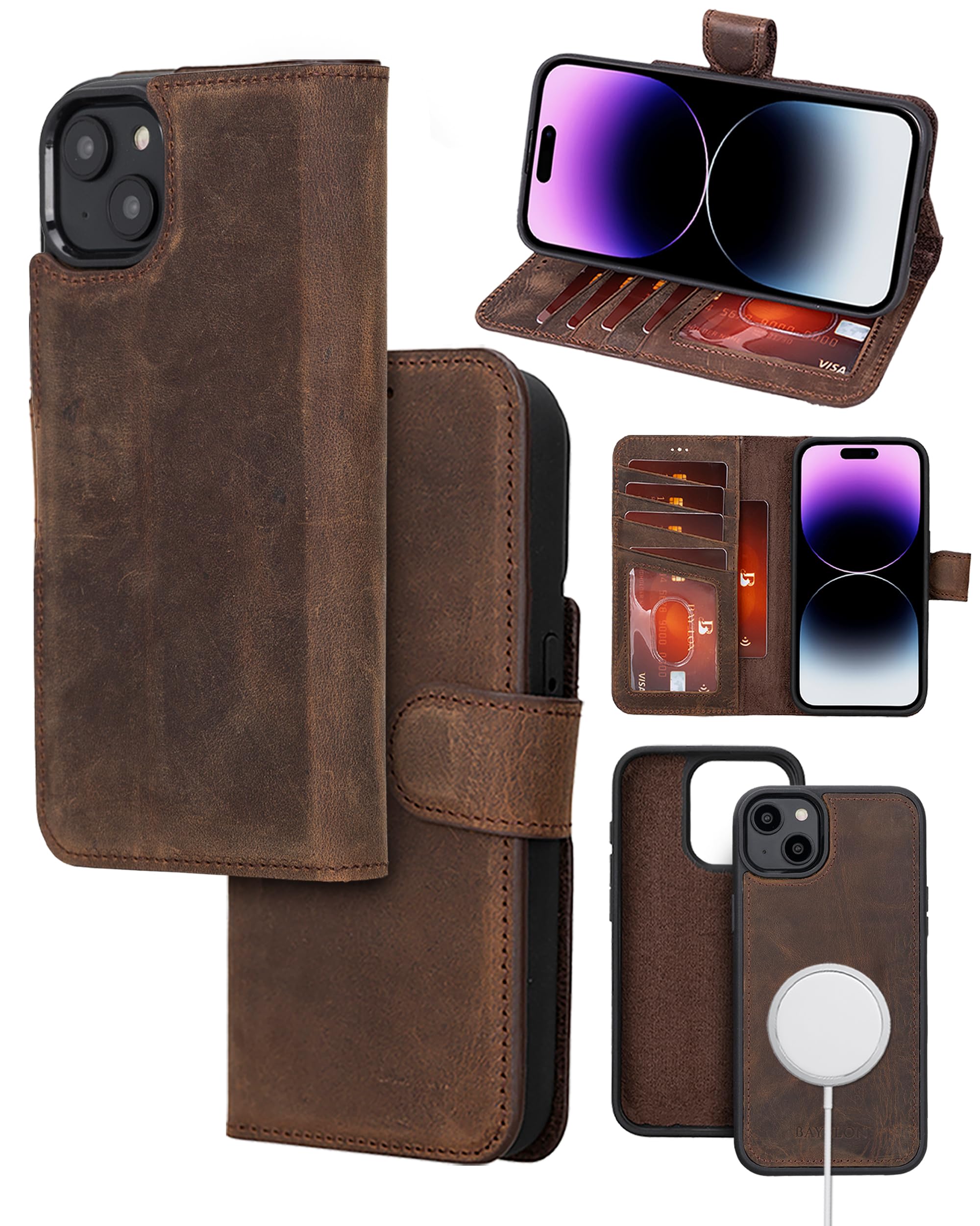 Bayelon Case for iPhone 14, Full Grain Leather Wallet Case, [2in1], Detachable Magnetic Flip Cover with Card Slots, Kickstand, MagSafe Compatible (Dark Brown)