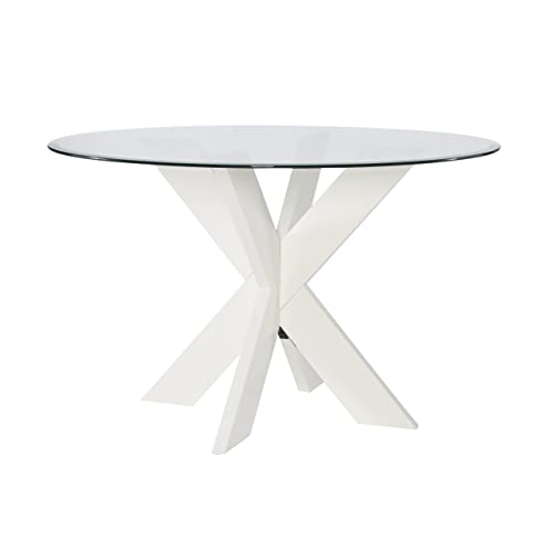 Powell White Wood Glass Top Parnell X Base Dining Table