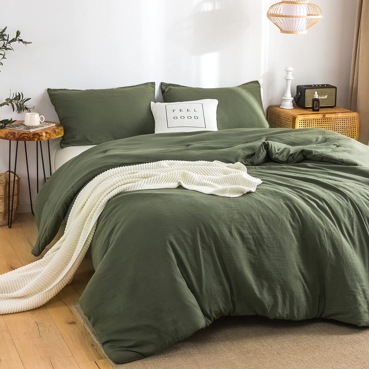 COTTEBED Ultra-Soft Queen Washed Bedding Comforter Sets Bed, All Seasons Use Light Weight with Warm Fluffy Washable Cotton Microfiber Fabric,1 Bed Comforter & 2 Pillow Sham(Queen/Full,Dark Olive Green