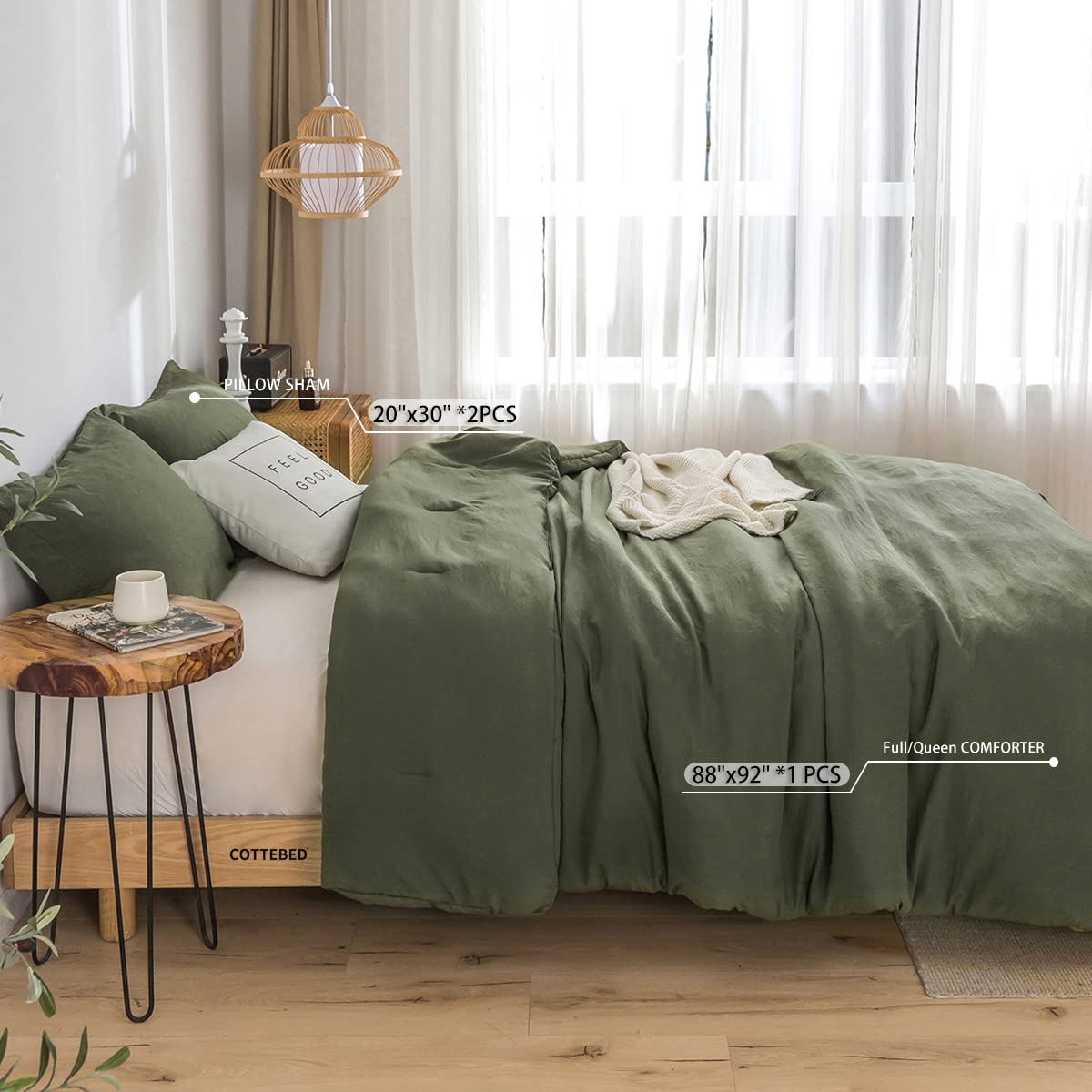 COTTEBED Ultra-Soft Queen Washed Bedding Comforter Sets Bed, All Seasons Use Light Weight with Warm Fluffy Washable Cotton Microfiber Fabric,1 Bed Comforter & 2 Pillow Sham(Queen/Full,Dark Olive Green