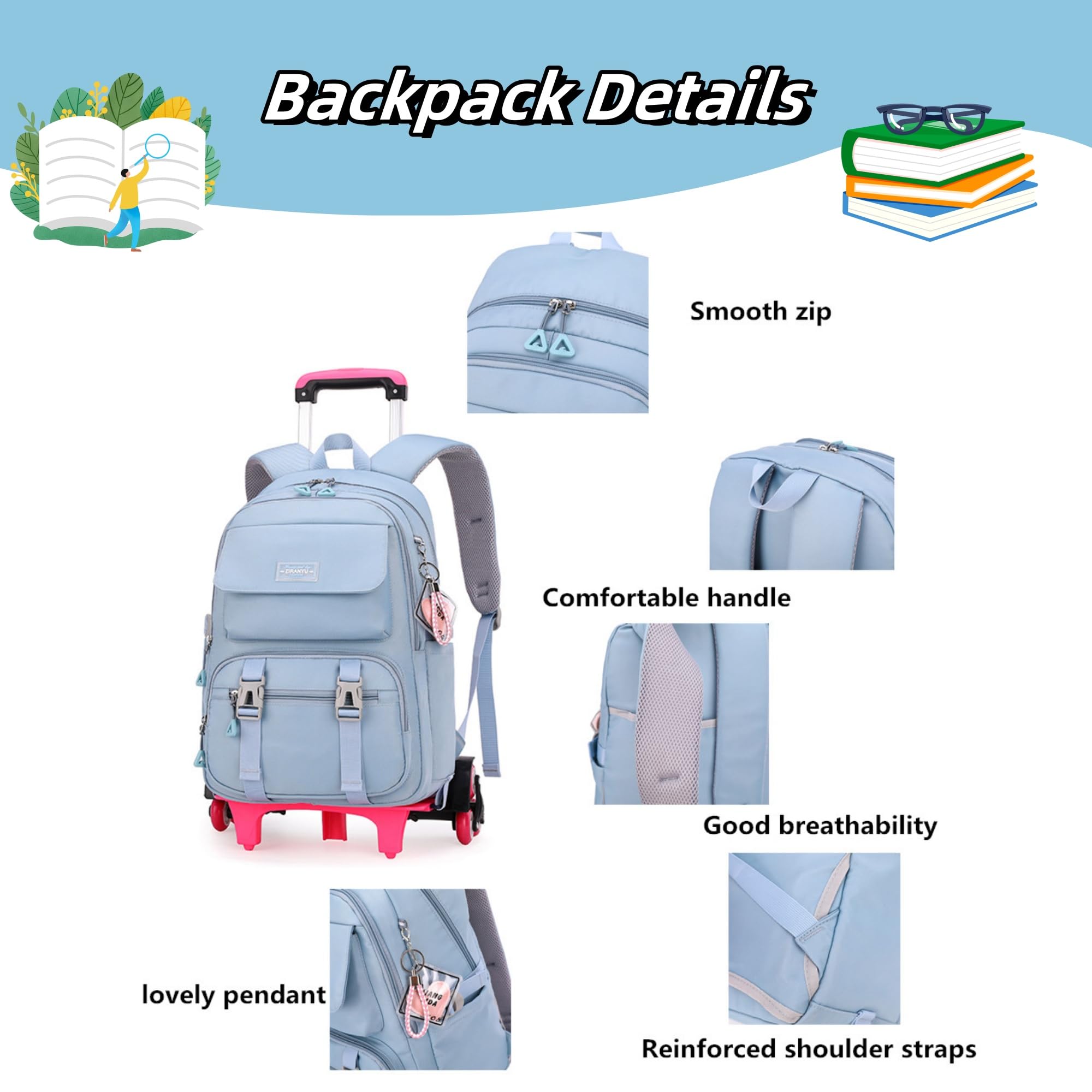 ZHANAO Rolling Backpack Luggage BookBag with Wheels Trolley Bag Wheeled Travel Backpack for Girls & Boys Trolley Bag