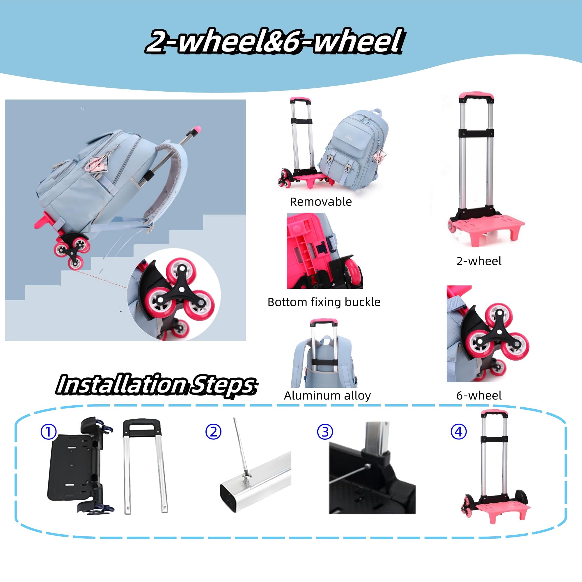 ZHANAO Rolling Backpack Luggage BookBag with Wheels Trolley Bag Wheeled Travel Backpack for Girls & Boys Trolley Bag