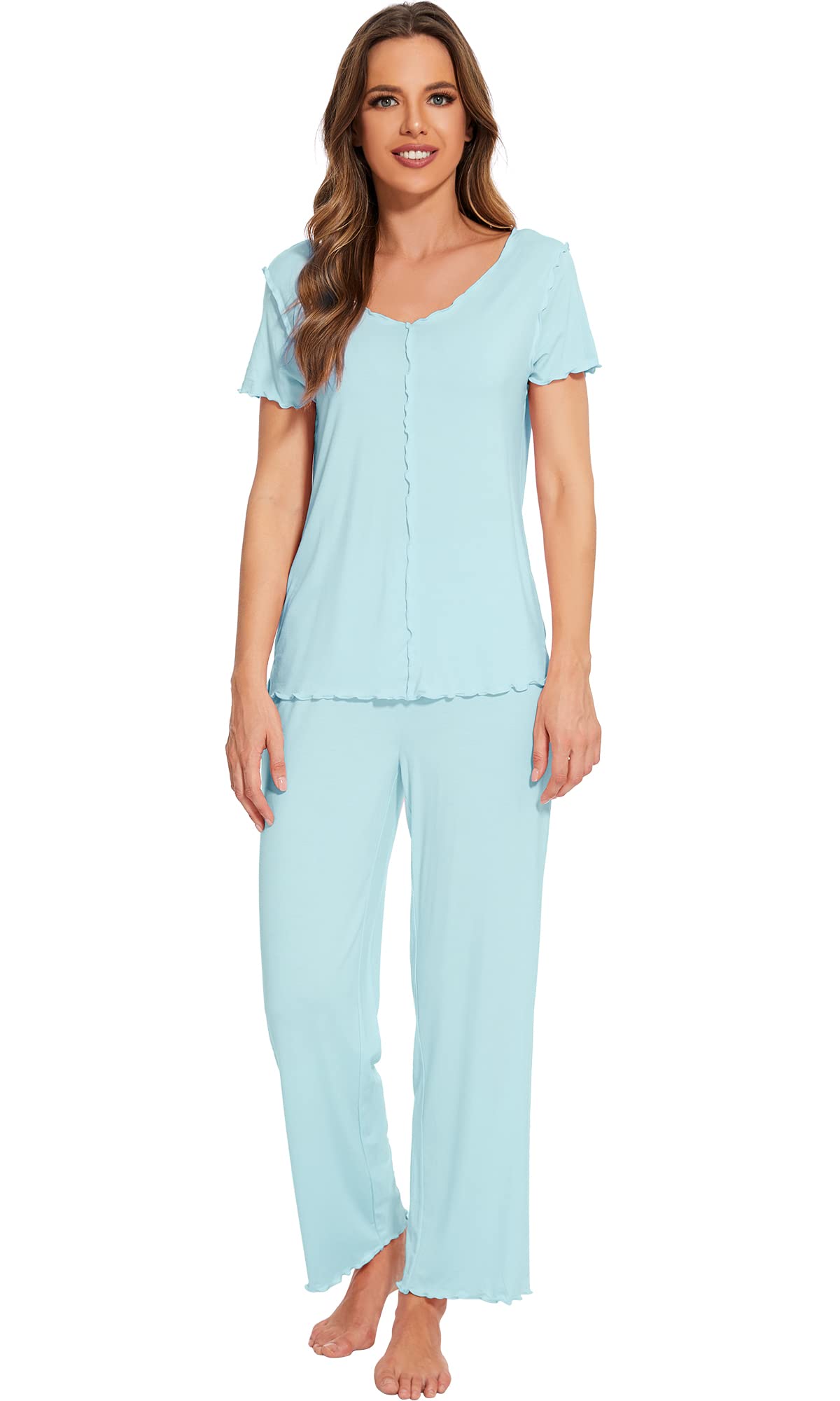 WiWi Womens Viscose from Bamboo Pajamas Set Short Sleeve Pjs Pajama Sleepwear Soft Pants Sets S-XXL, Aqua, Medium