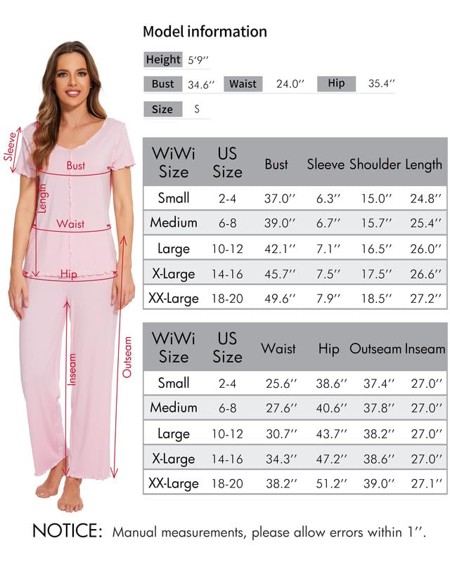 WiWi Womens Viscose from Bamboo Pajamas Set Short Sleeve Pjs Pajama Sleepwear Soft Pants Sets S-XXL, Aqua, Medium