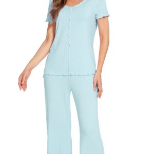 WiWi Womens Viscose from Bamboo Pajamas Set Short Sleeve Pjs Pajama Sleepwear Soft Pants Sets S-XXL, Aqua, Medium