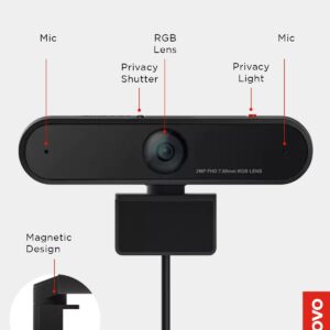 Lenovo HD 1080p Webcam (LC50) - Monitor Camera with 90° Wide Angle, Dual Microphones & Smart Video Capture – Magnetic Desktop Cam w/ Privacy Shutter & Light for Virtual Class, Meetings & Conferences