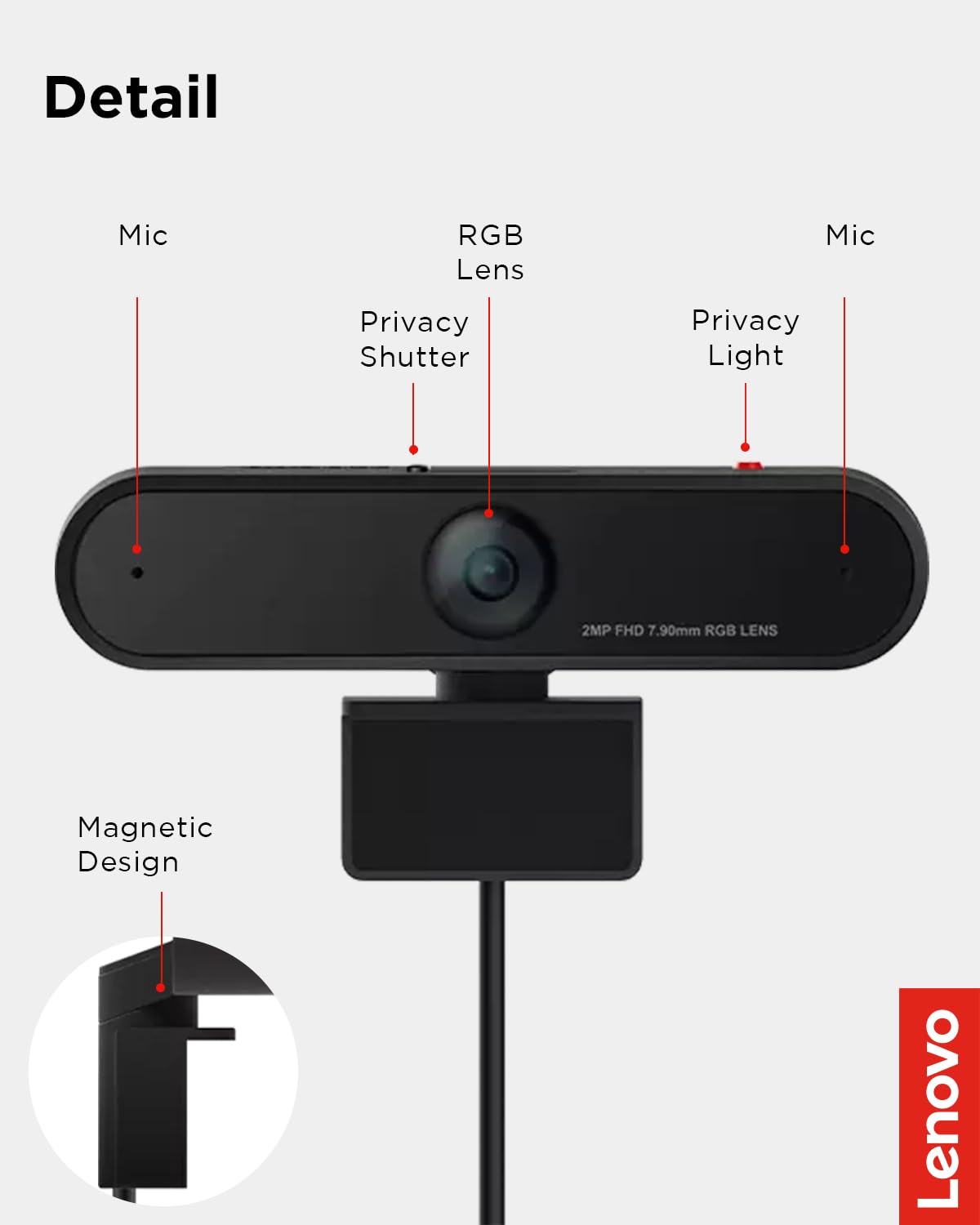 Lenovo HD 1080p Webcam (LC50) - Monitor Camera with 90° Wide Angle, Dual Microphones & Smart Video Capture – Magnetic Desktop Cam w/ Privacy Shutter & Light for Virtual Class, Meetings & Conferences