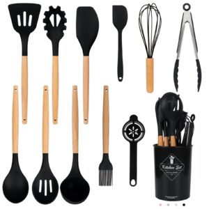 Black Kitchen Utensils Set-12 Pieces Silicone Cooking Utensils Set with Wooden Handle (Dishwasher Safe) 392°F Heat Resistant Spatula Set, Nonstick Cookware,Best Kitchen