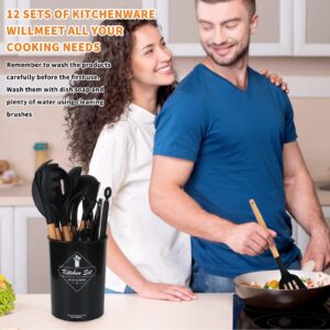 Black Kitchen Utensils Set-12 Pieces Silicone Cooking Utensils Set with Wooden Handle (Dishwasher Safe) 392°F Heat Resistant Spatula Set, Nonstick Cookware,Best Kitchen